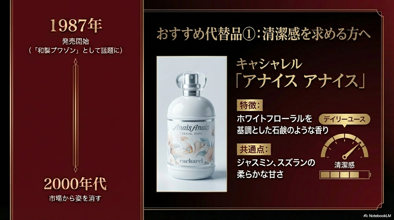 SASOのような清潔感を求める方へのおすすめ代替品は、キャシャレルのアナイスアナイスです。ホワイトフローラルを基調とした石鹸のような香りで、ジャスミンやスズランの柔らかな甘さが共通しています。