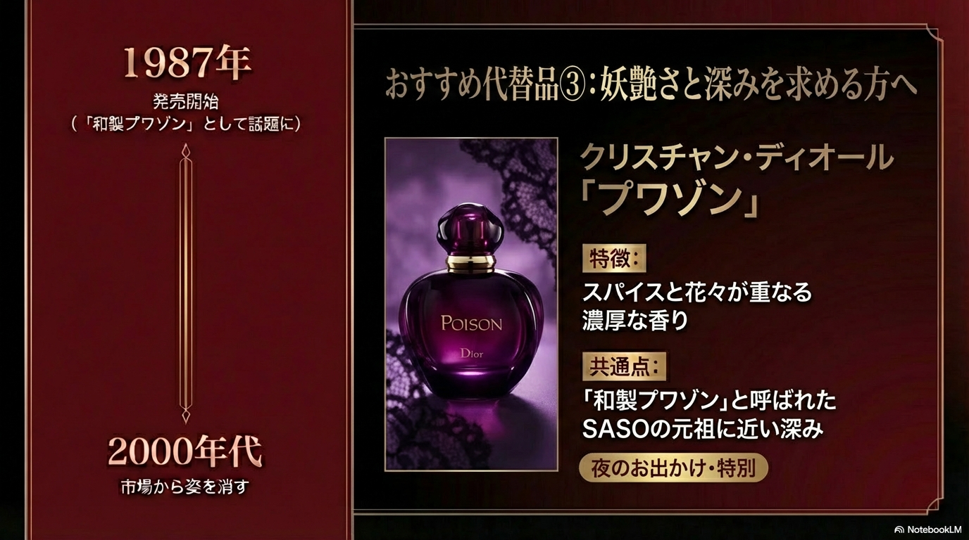 SASOのような妖艶さと深みを求める方へのおすすめ代替品は、ディオールのプワゾンです。スパイスと花々が重なる濃厚な香りで、かつて和製プワゾンと呼ばれたSASOの元祖に近い深みを持っています。