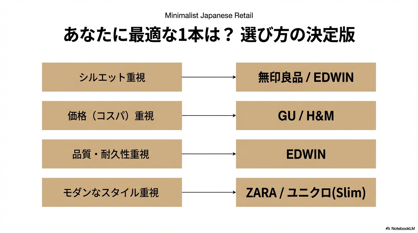 あなたのニーズに合ったチノパン選びの決定版チャート シルエット、価格、品質、スタイルのうち何を重視するかによって、無印良品、GU、EDWIN、ZARAの中から最適なブランドがわかるフローチャート図です。