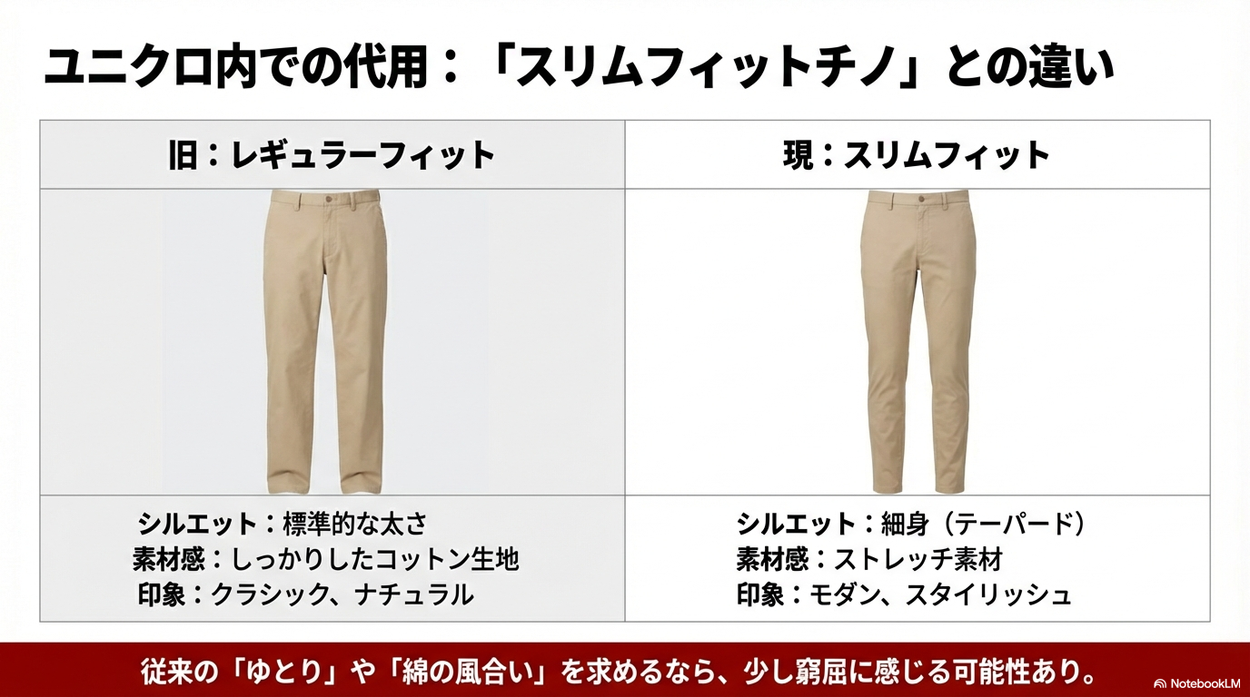 旧レギュラーフィットチノと現行スリムフィットチノの比較 廃盤になった旧レギュラーフィットチノと、現在販売されているスリムフィットチノのシルエットや素材感、印象の違いを比較対照した画像です。