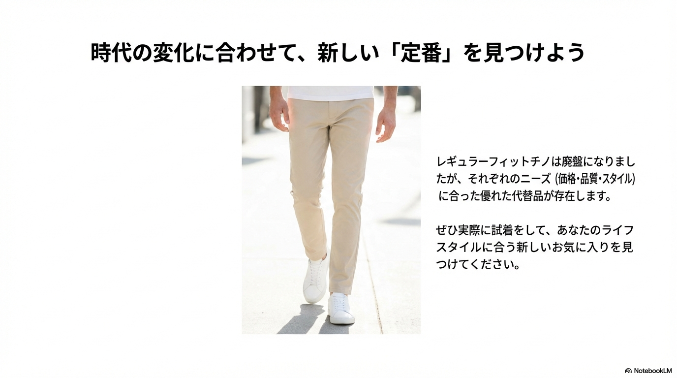 時代の変化に合わせて新しい定番チノパンを見つけよう レギュラーフィットチノは廃盤になりましたが、それぞれのニーズに合った優れた代替品があることを伝え、新しいお気に入りを見つけるよう促すメッセージ画像です。