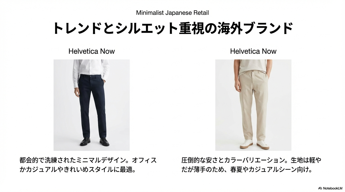 トレンドとシルエット重視の海外ブランド(ZARA・H&M) ZARAやH&Mのチノパンを着用したモデルの写真を使用し、都会的で洗練されたデザインやトレンド重視のスタイルについて解説した画像です。