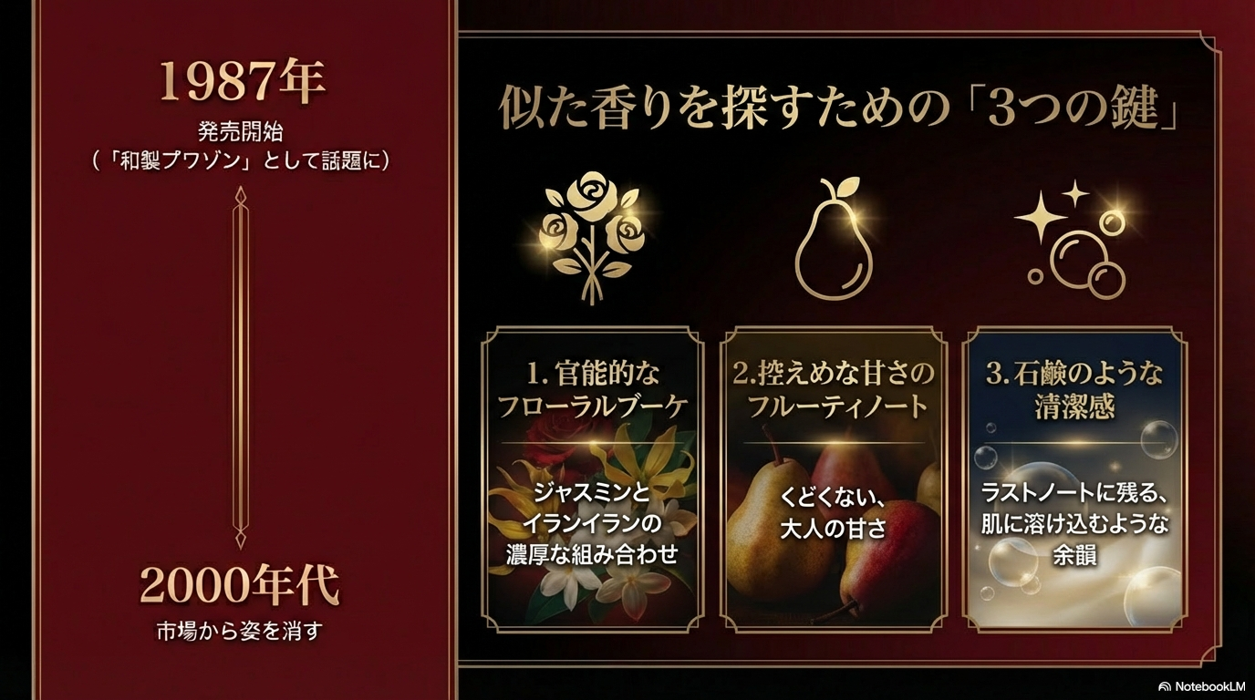 SASOに似た香りを探すための鍵は、官能的なフローラルブーケ、控えめな甘さのフルーティノート、そしてラストに残る石鹸のような清潔感という3つの要素が含まれているかどうかがポイントです。