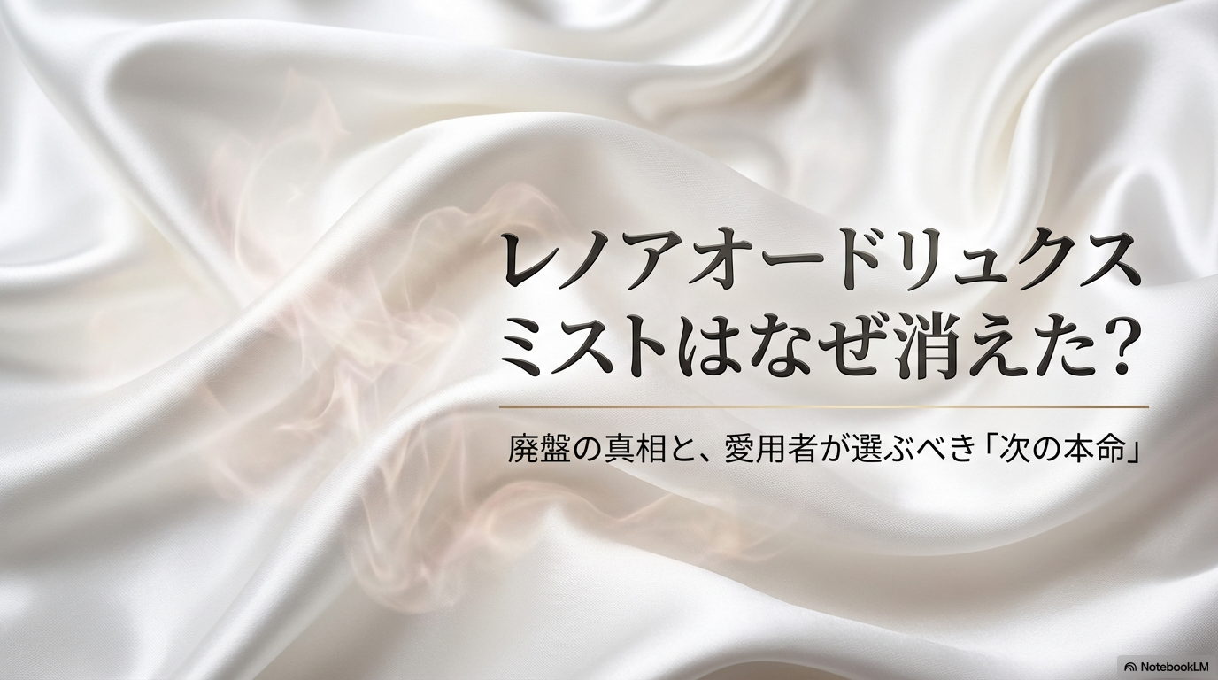 レノアオードリュクスミストがなぜ消えたのかという廃盤の真相と、愛用者が選ぶべき次の本命アイテムについて解説したスライドの表紙。