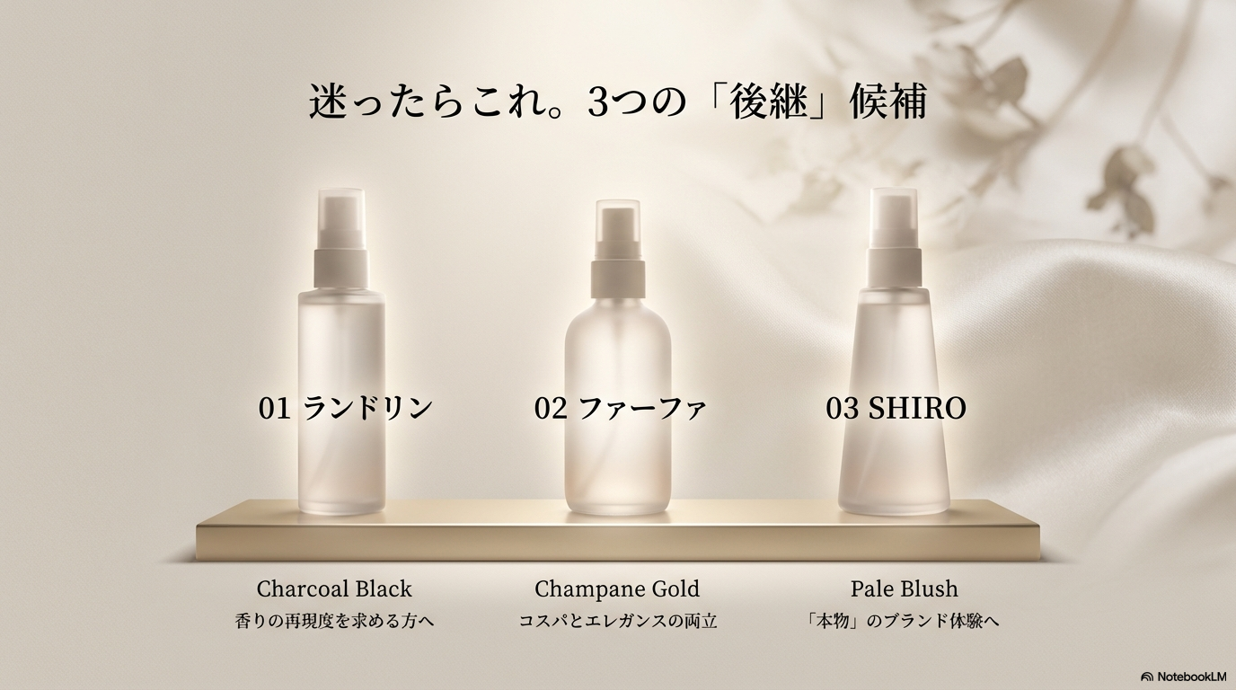 レノアオードリュクスミストの代わりとしておすすめの、ランドリン、ファーファ、SHIROの3つのブランドのミスト。