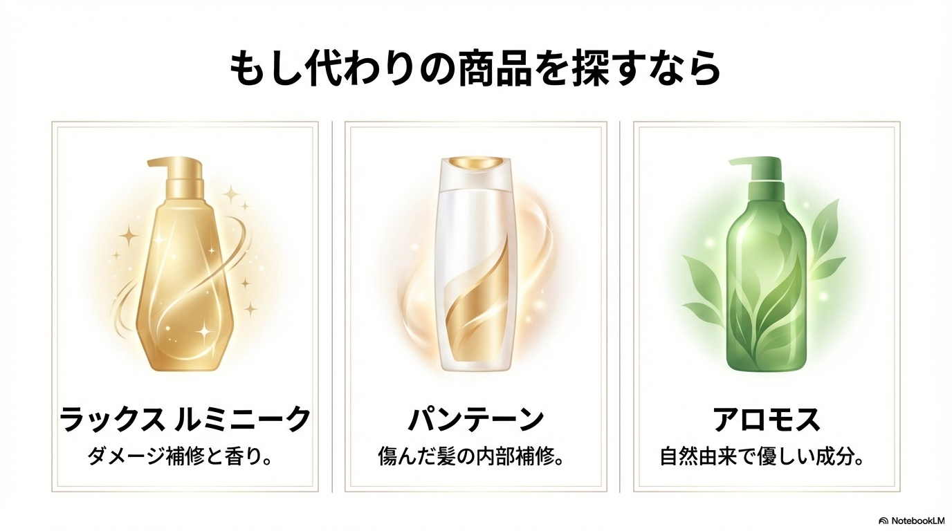 モッズヘアの代用品としておすすめできる、ラックス、パンテーン、アロモスの特徴を比較紹介しています。