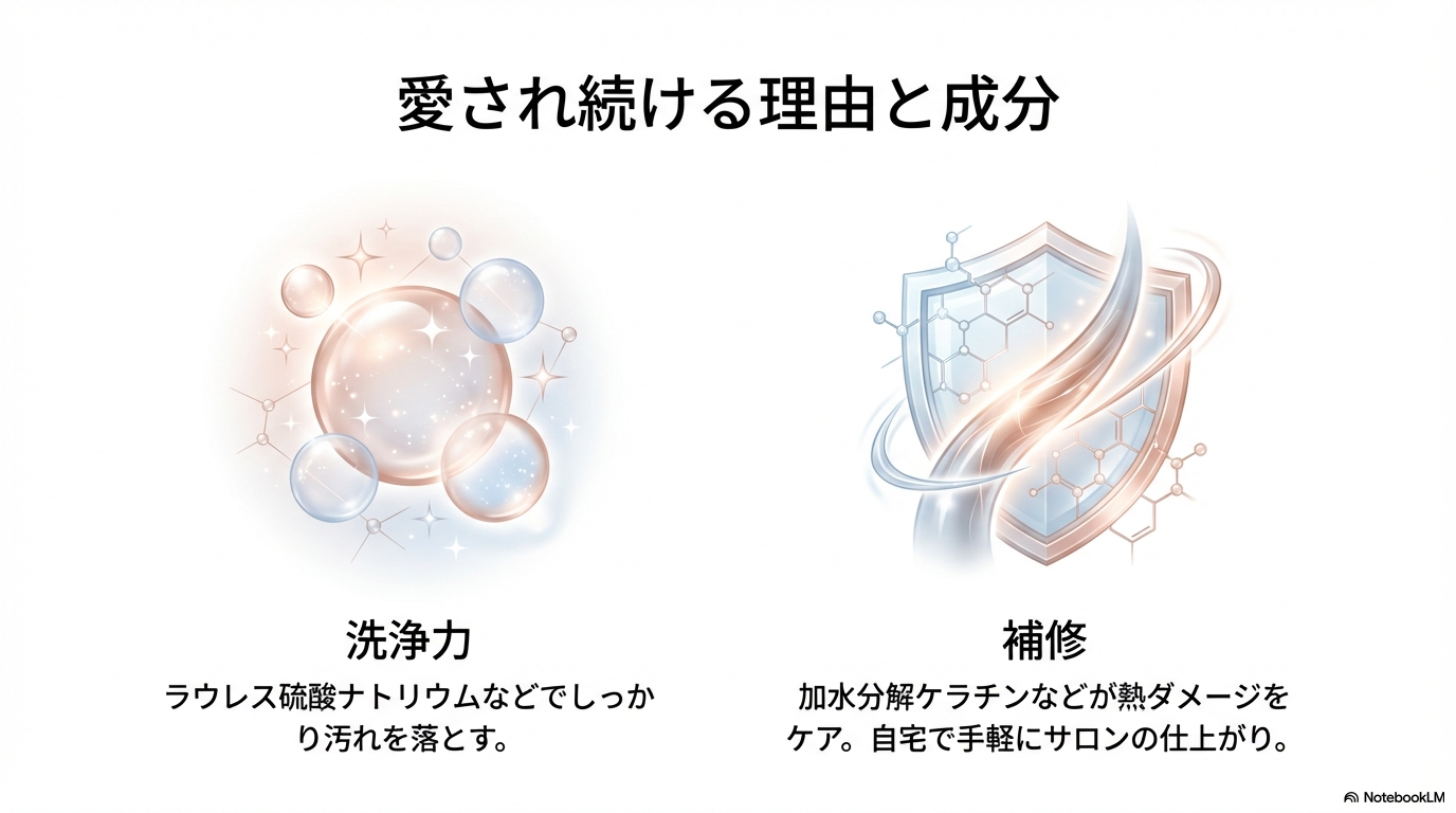 ラウレス硫酸ナトリウムによる高い洗浄力と、加水分解ケラチンによる熱ダメージ補修効果について成分面から解説しています。