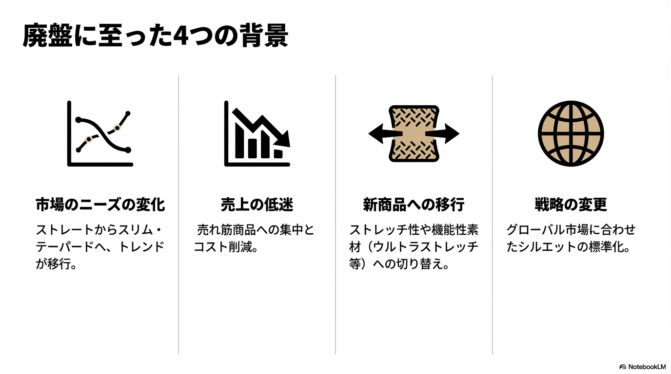 レギュラーフィットチノが廃盤に至った市場背景と理由 市場ニーズがストレートからスリムへ変化したことを示すグラフや、売上の低迷などの廃盤に至った4つの主な背景を図解したスライドです。