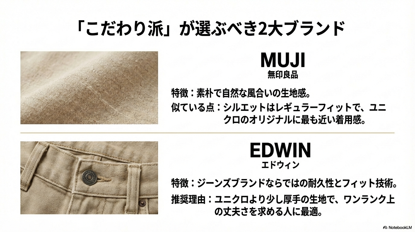 こだわり派におすすめの2大ブランド(無印良品・EDWIN) 無印良品とEDWINそれぞれのチノパンの生地の拡大写真とともに、自然な風合いや耐久性といった各ブランドの特徴を紹介しているスライドです。