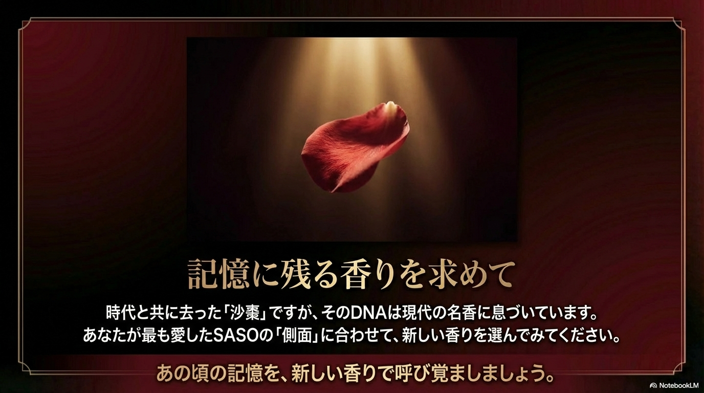 時代と共に去った名香SASOですが、その特徴は現代の香水にも息づいています。あなたが愛したSASOの側面に合わせた新しい香りを選び、あの頃の記憶を呼び覚ましましょう。