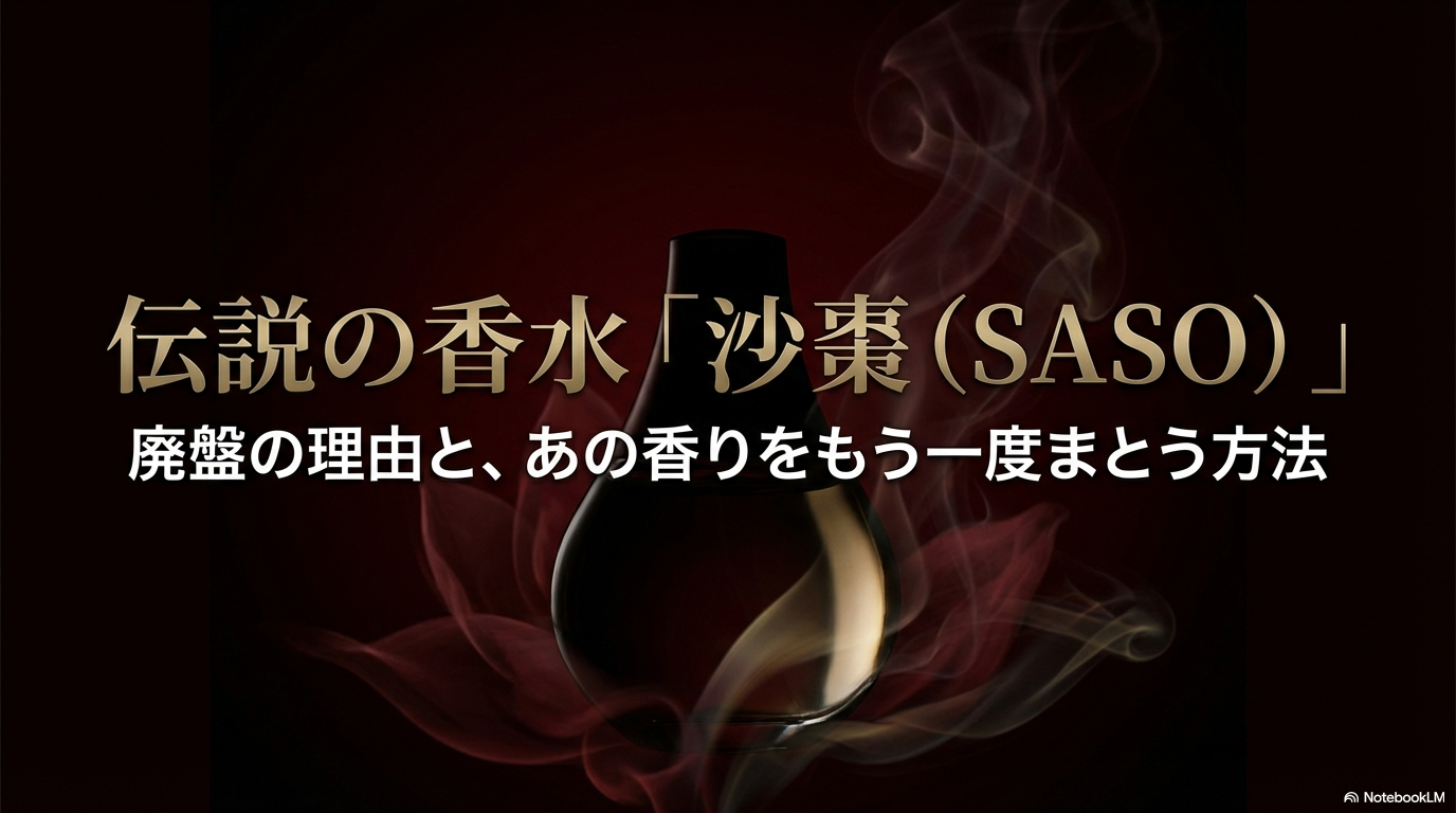 資生堂の伝説的な香水「沙棗(SASO)」が廃盤になった理由と、あの香りをもう一度まとうための代替品や方法について解説したスライドの表紙です。