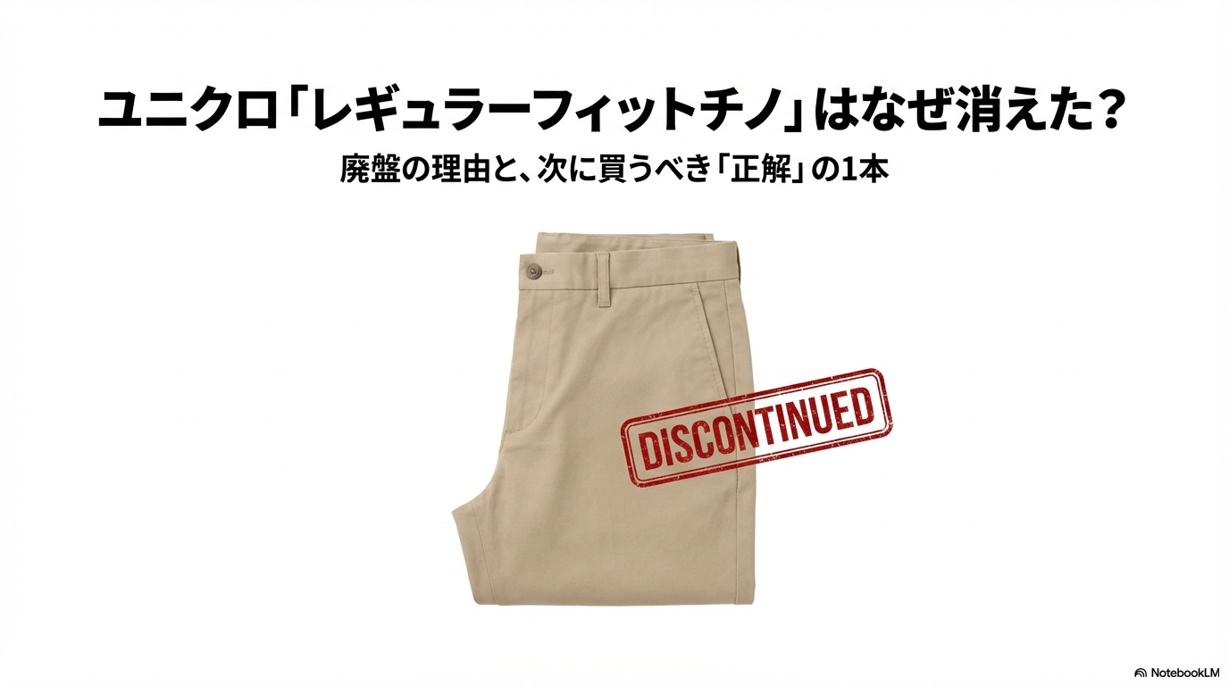 ユニクロのレギュラーフィットチノの製品画像に「DISCONTINUED（廃盤）」というスタンプが押され、この記事が後継モデル選びのガイドであることを示している表紙画像です。