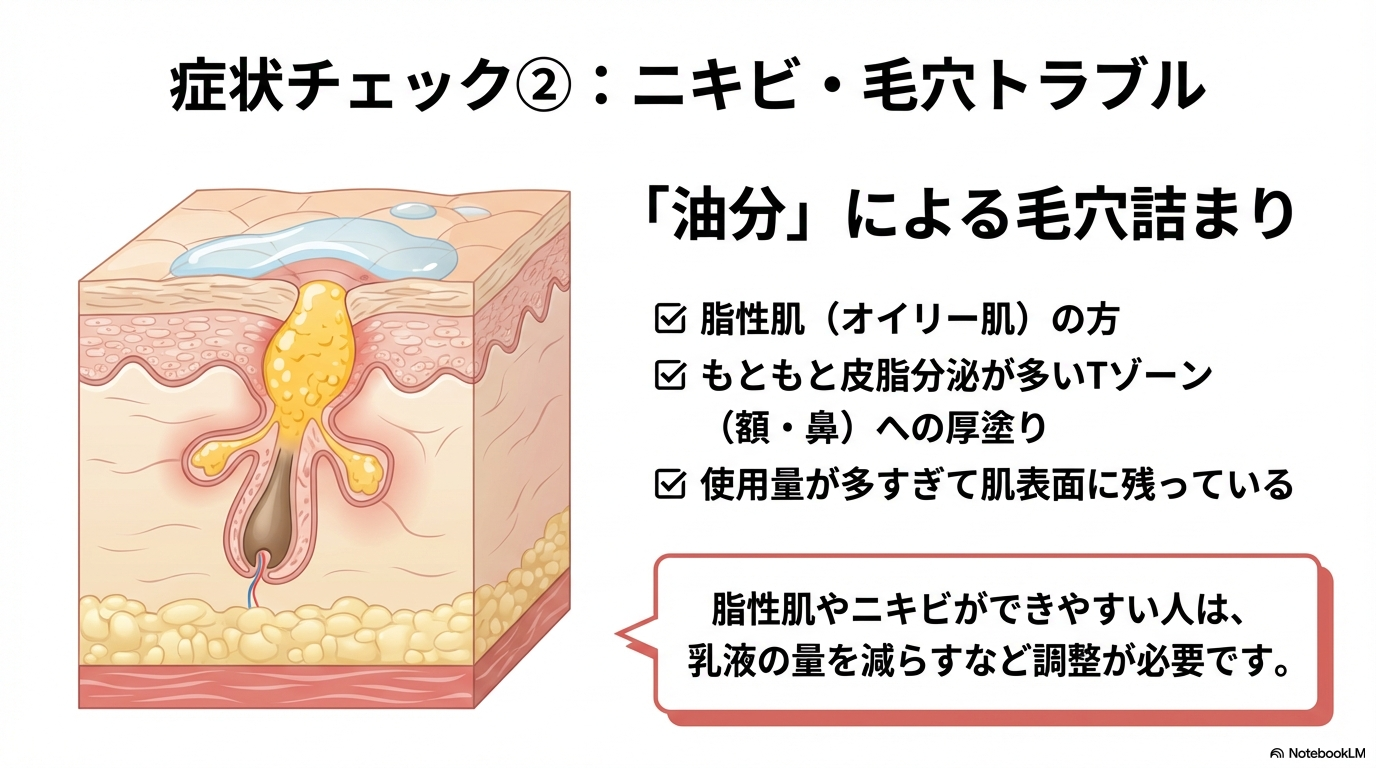 脂性肌の方やTゾーンへの厚塗りが原因で、油分によって毛穴が詰まりニキビが発生するメカニズムを示した皮膚の断面図。