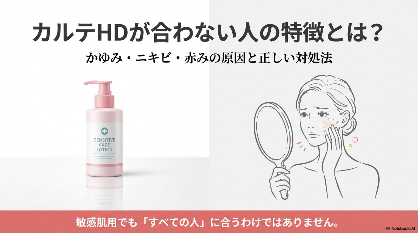 鏡を見て肌荒れやニキビなどの肌トラブルを心配している女性のイラストと、カルテHDが合わない人の特徴についてのタイトルスライド。