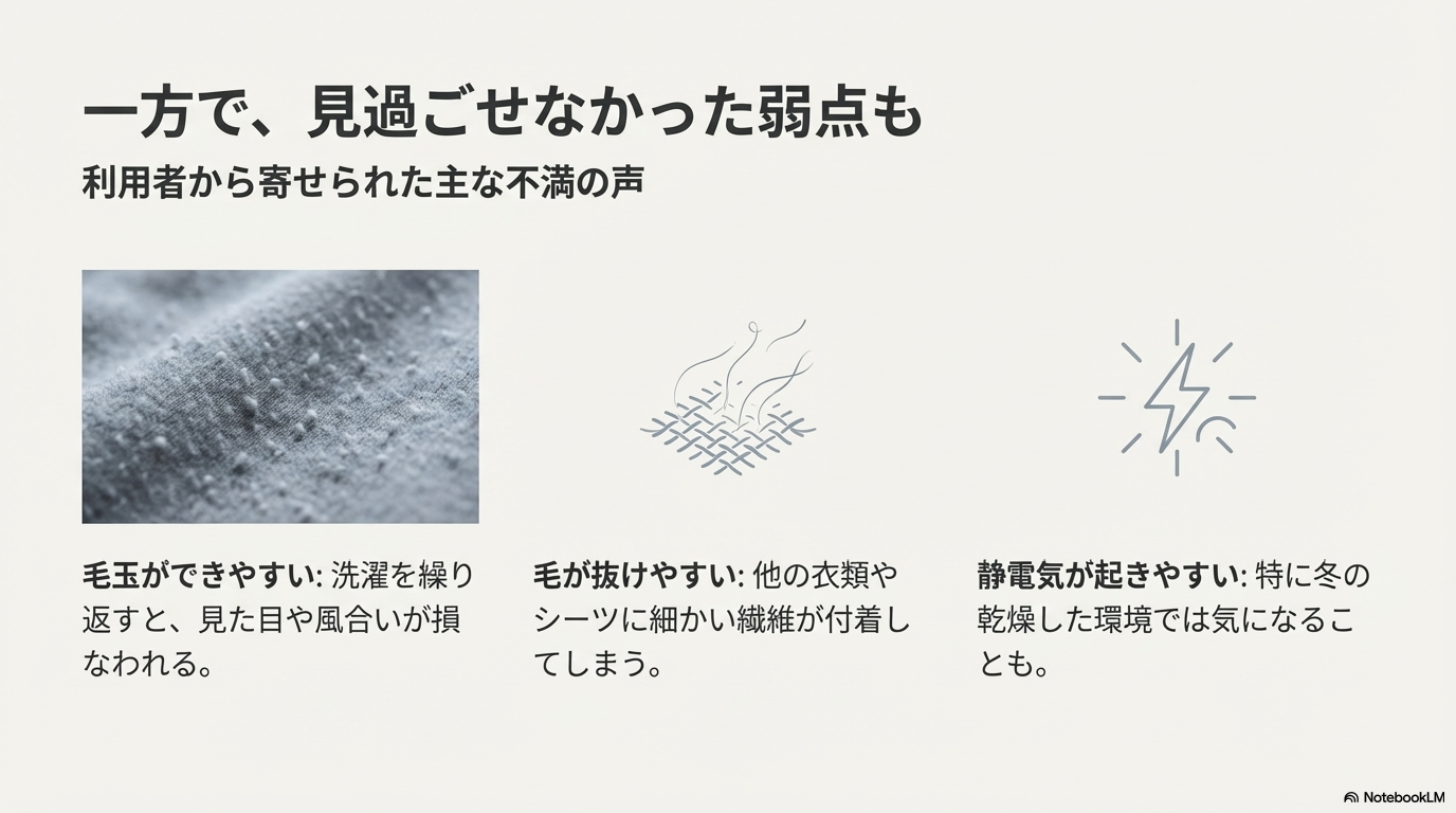 毛玉ができやすい、毛が抜けやすい、静電気が起きやすいといったヒートテック毛布のデメリット。