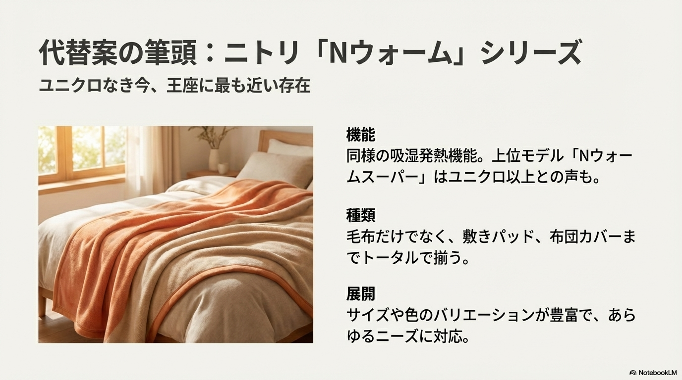 ユニクロ販売終了後の有力な選択肢であるニトリのNウォームシリーズの機能、種類、展開についての解説。