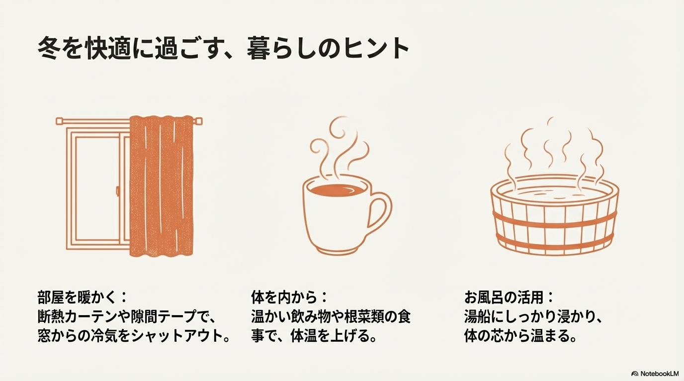 部屋の断熱、温かい食事、入浴など、生活習慣で冬を暖かく過ごすためのポイント。