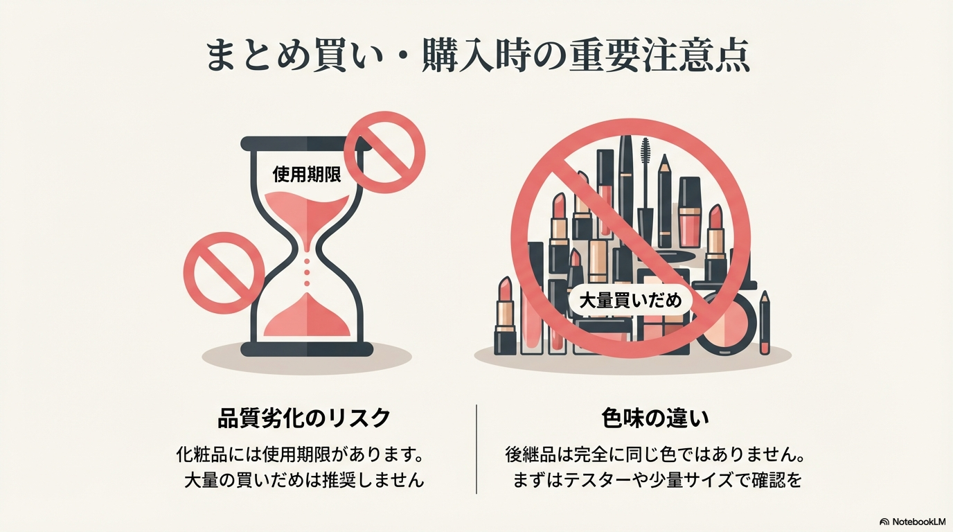 化粧品には使用期限があるため大量の買いだめは推奨しないことや、後継品との色味の違いについての警告