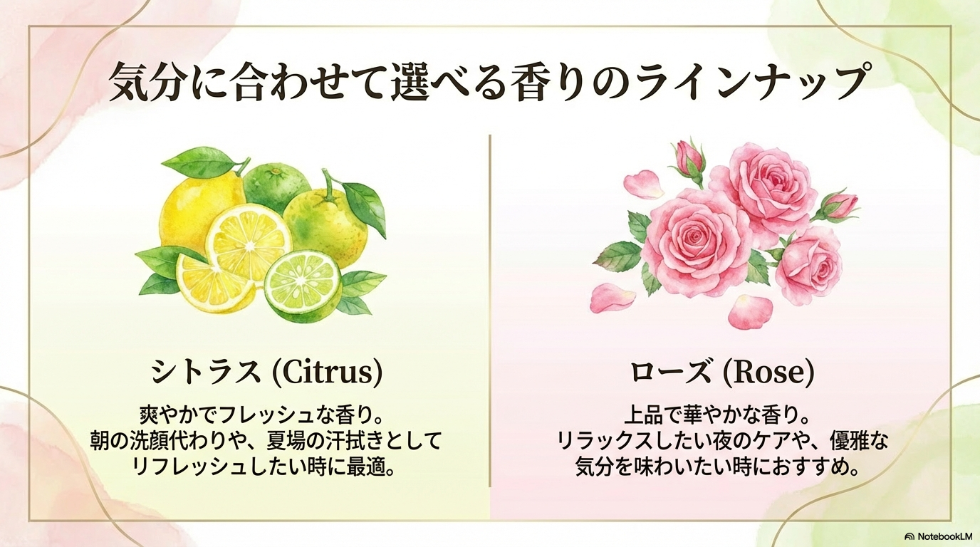 シトラスとローズの香りの特徴 爽やかでリフレッシュできるシトラスと、上品でリラックスできるローズという2種類の香りのラインナップを紹介しています。