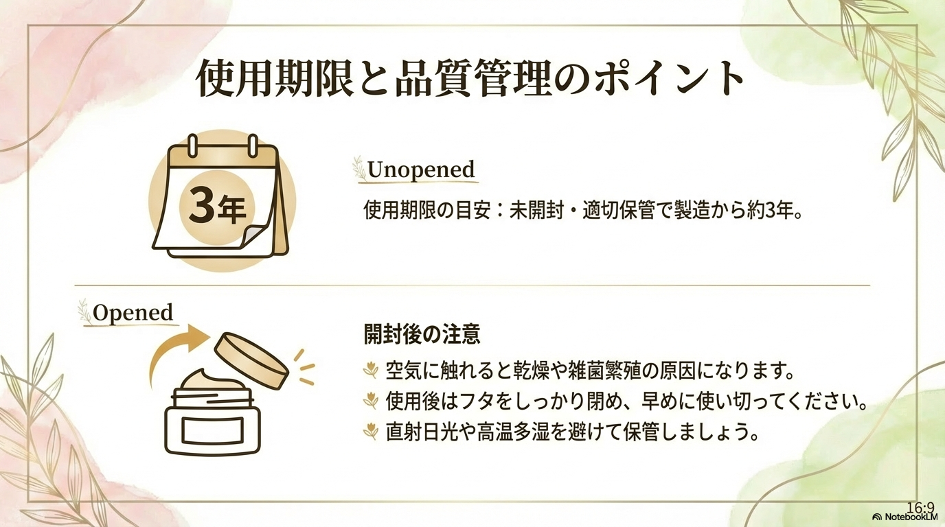 使用期限と開封後の品質管理 未開封の場合は製造から約3年が使用期限の目安であり、開封後はフタを閉めて乾燥や雑菌を防ぐ必要があることを説明しています。