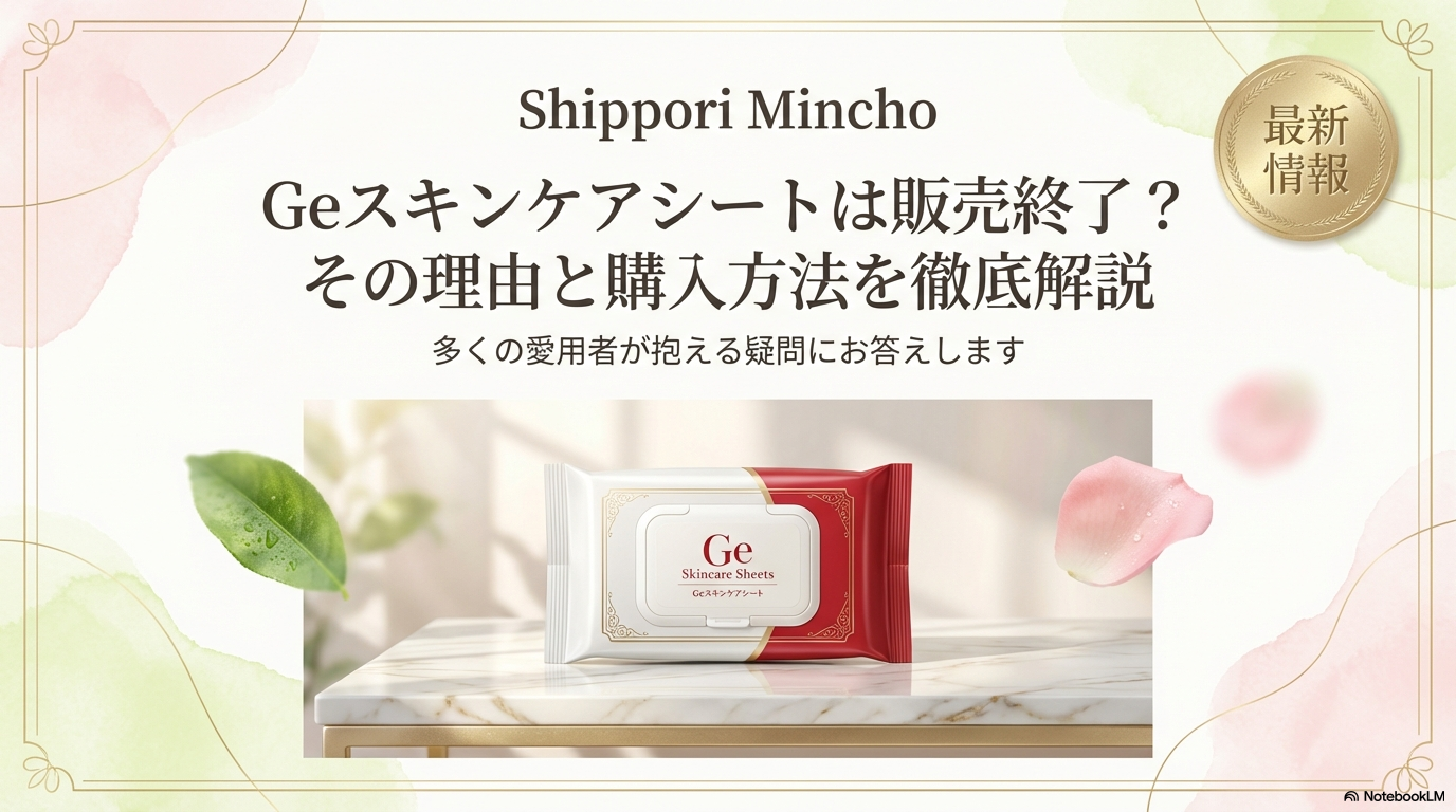Geスキンケアシートが販売終了した理由と現在の購入方法について解説したスライドの表紙画像です。