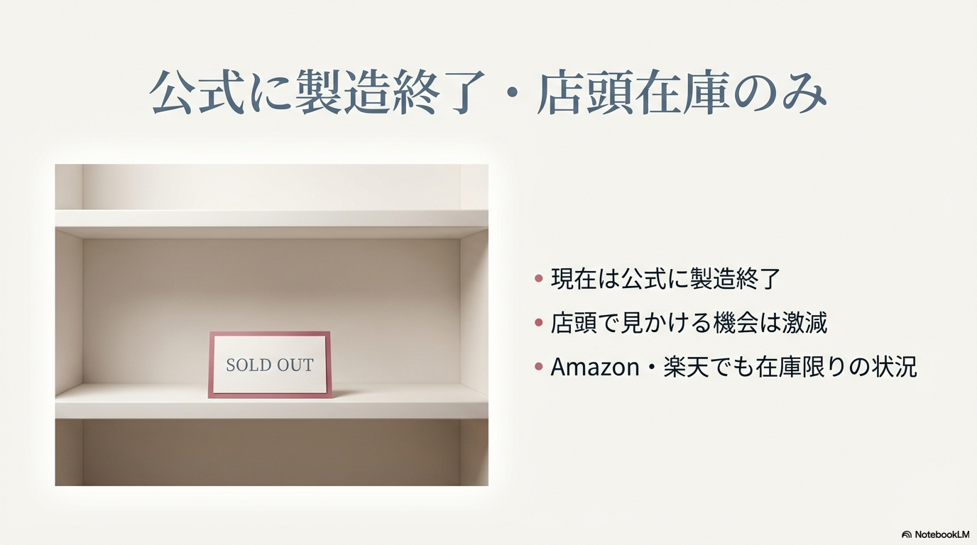 現在は公式に製造が終了しており、店頭やAmazon・楽天でも在庫限りの状況であることを示すスライド