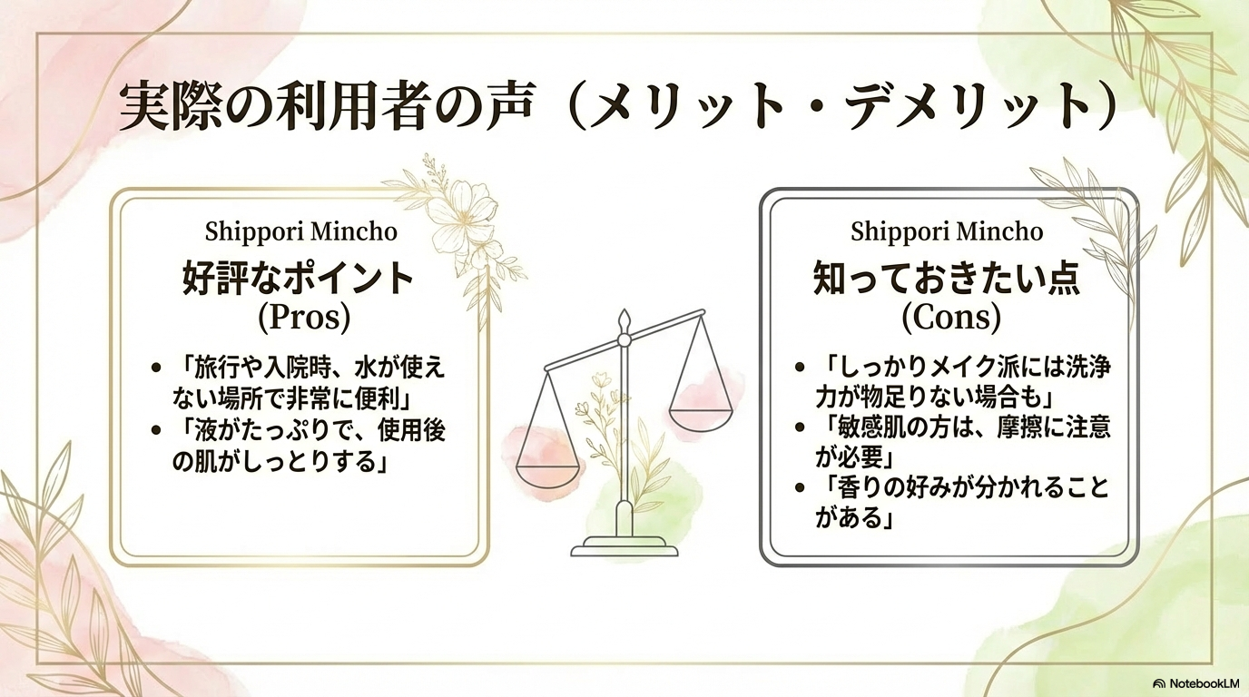 利用者の口コミによるメリットとデメリット 水が使えない場所で便利という好評な点と、メイク落ちや摩擦に関する注意点など、実際の利用者の声を比較したスライドです。