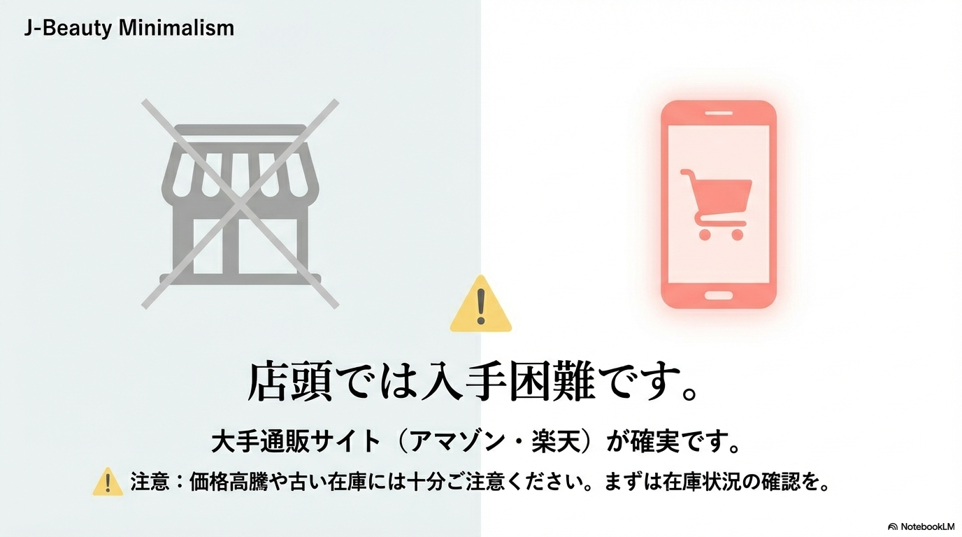 実店舗での入手が困難であることと、Amazonや楽天などの大手通販サイトでの在庫確認を推奨する注意書きが書かれた画像です。