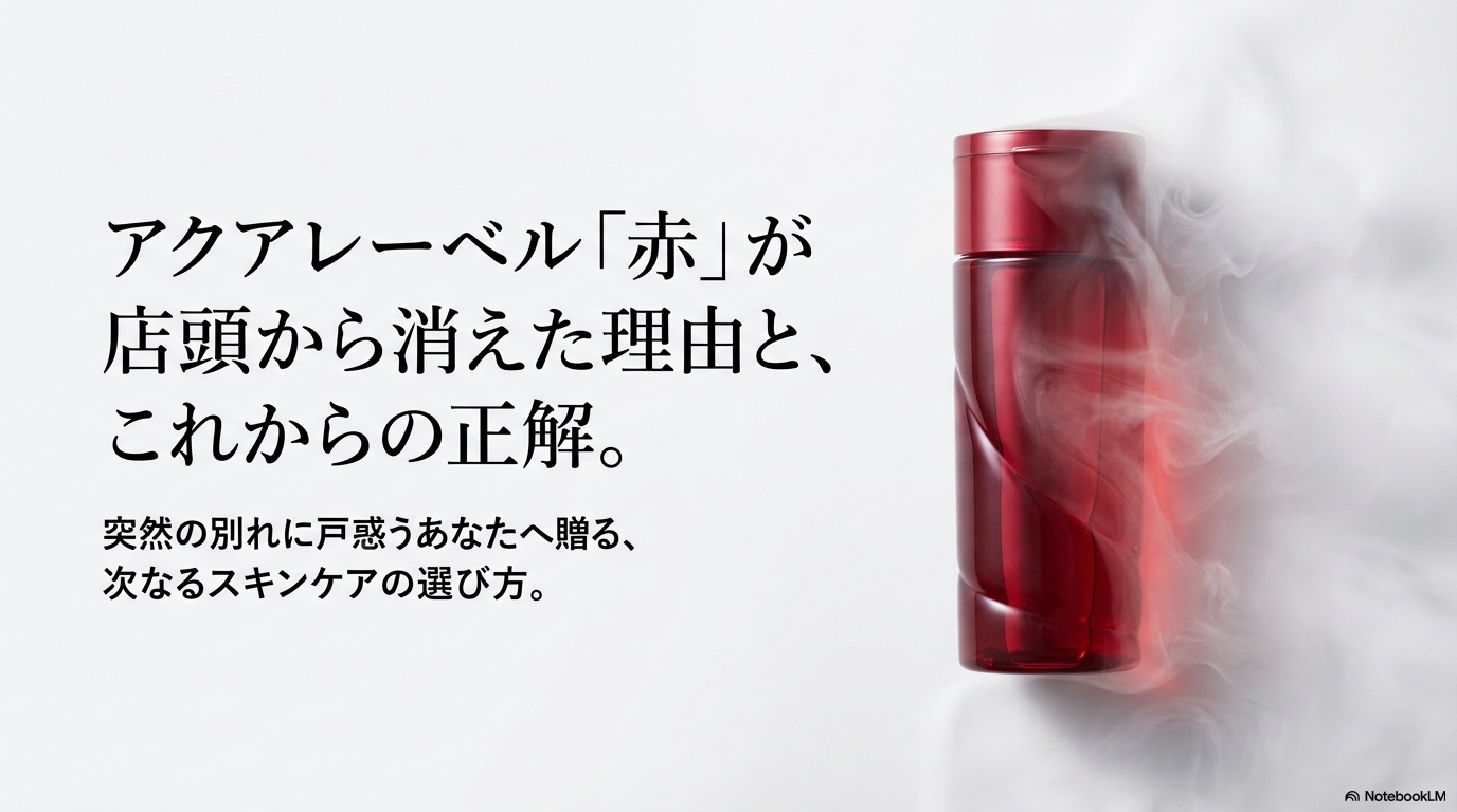 アクアレーベルの赤い化粧水が店頭から消えた理由と、これから選ぶべきスキンケアの正解について解説したスライドの表紙画像です。