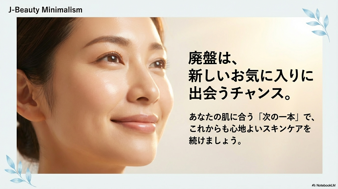 廃盤をきっかけに新しいお気に入りのスキンケアに出会うチャンスであることを、前向きなメッセージで伝えているまとめの画像です。