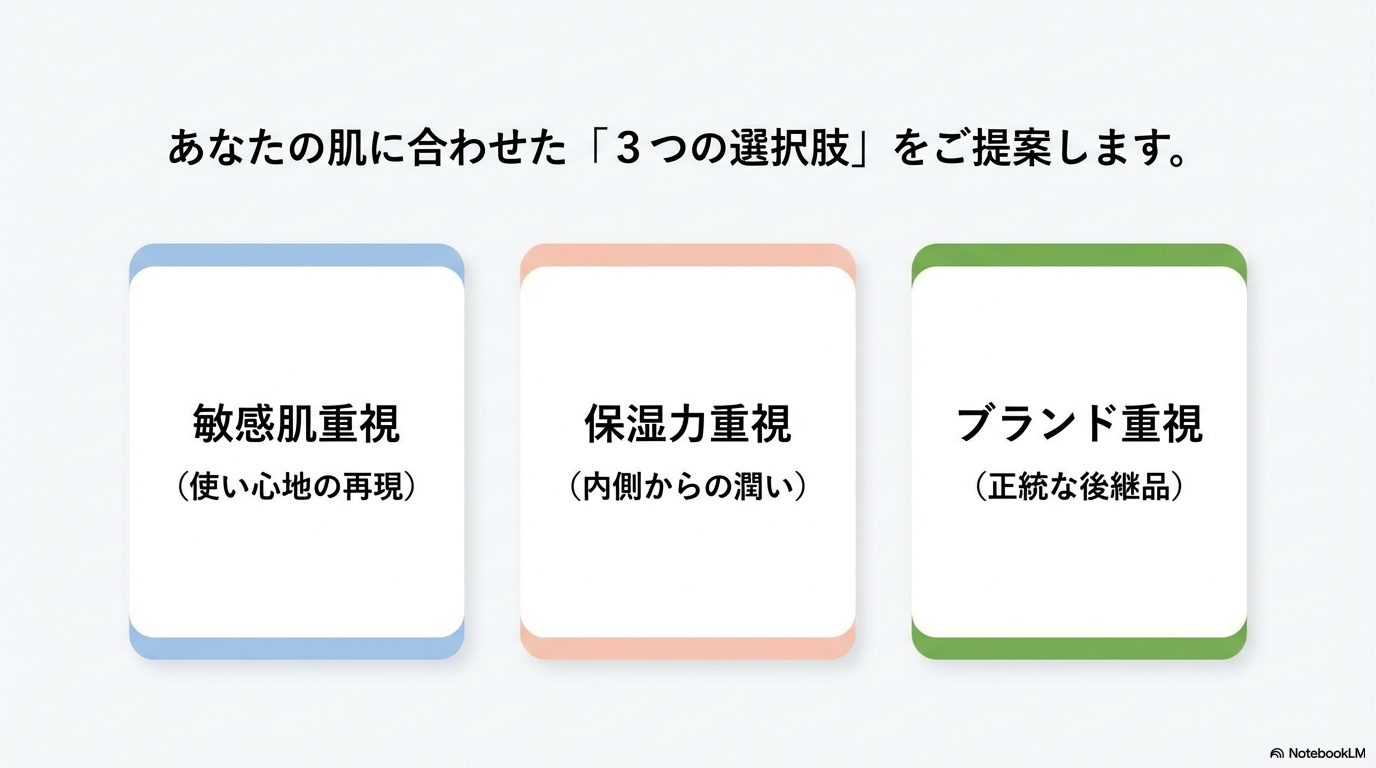 敏感肌重視、保湿力重視、ブランド重視という3つの視点から、自分に合ったスキンケアを選ぶための選択肢を提示した画像です。