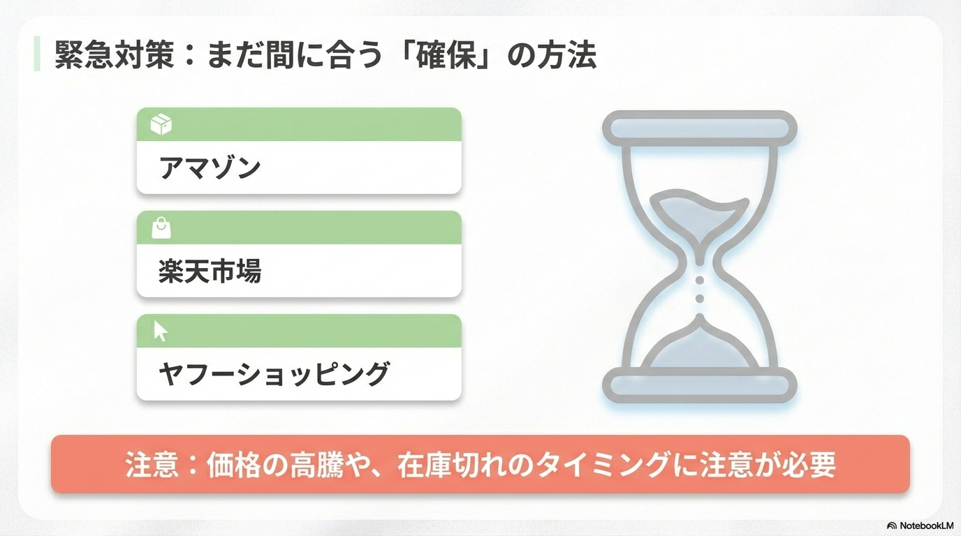 価格高騰や在庫切れに注意しながらAmazonや楽天などで製品を確保するための緊急対策