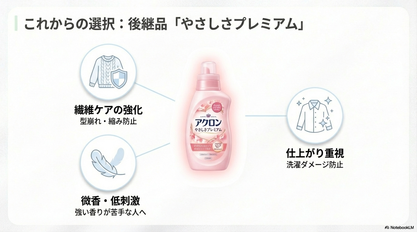 後継品であるアクロンやさしさプレミアムの繊維ケア強化ポイントと微香・低刺激な特徴