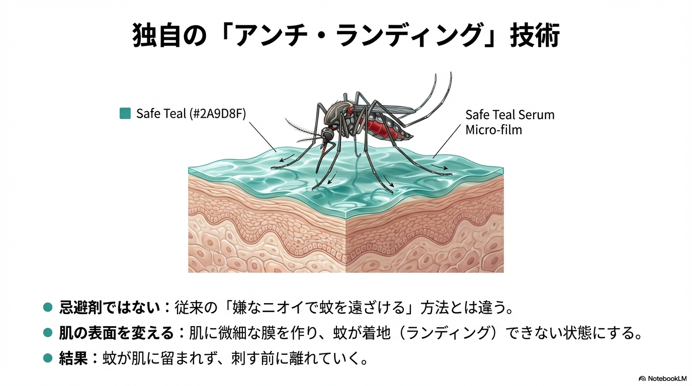 肌の表面に微細な膜を作ることで蚊が着地できない状態にする、花王独自の「アンチ・ランディング」技術の仕組みをイラストで解説した画像です。