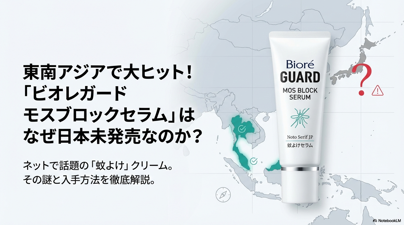 ネットで話題の蚊よけクリーム「ビオレガードモスブロックセラム」がなぜ日本未発売なのか、その謎と入手方法を解説するスライドの表紙画像です。