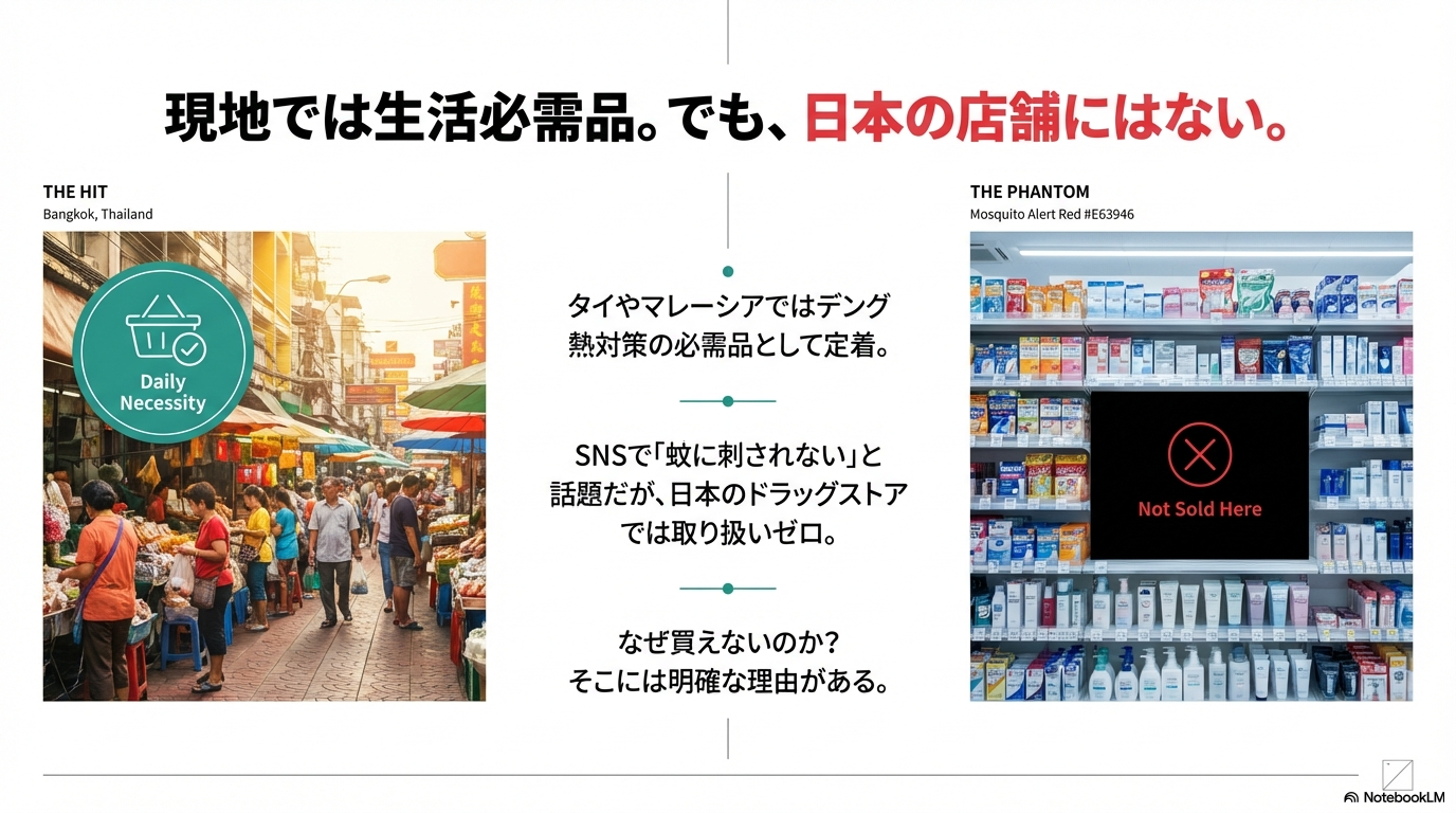バンコクなどの現地ではデング熱対策の必需品として定着している一方、日本のドラッグストアでは取り扱いがない現状を比較した画像です。