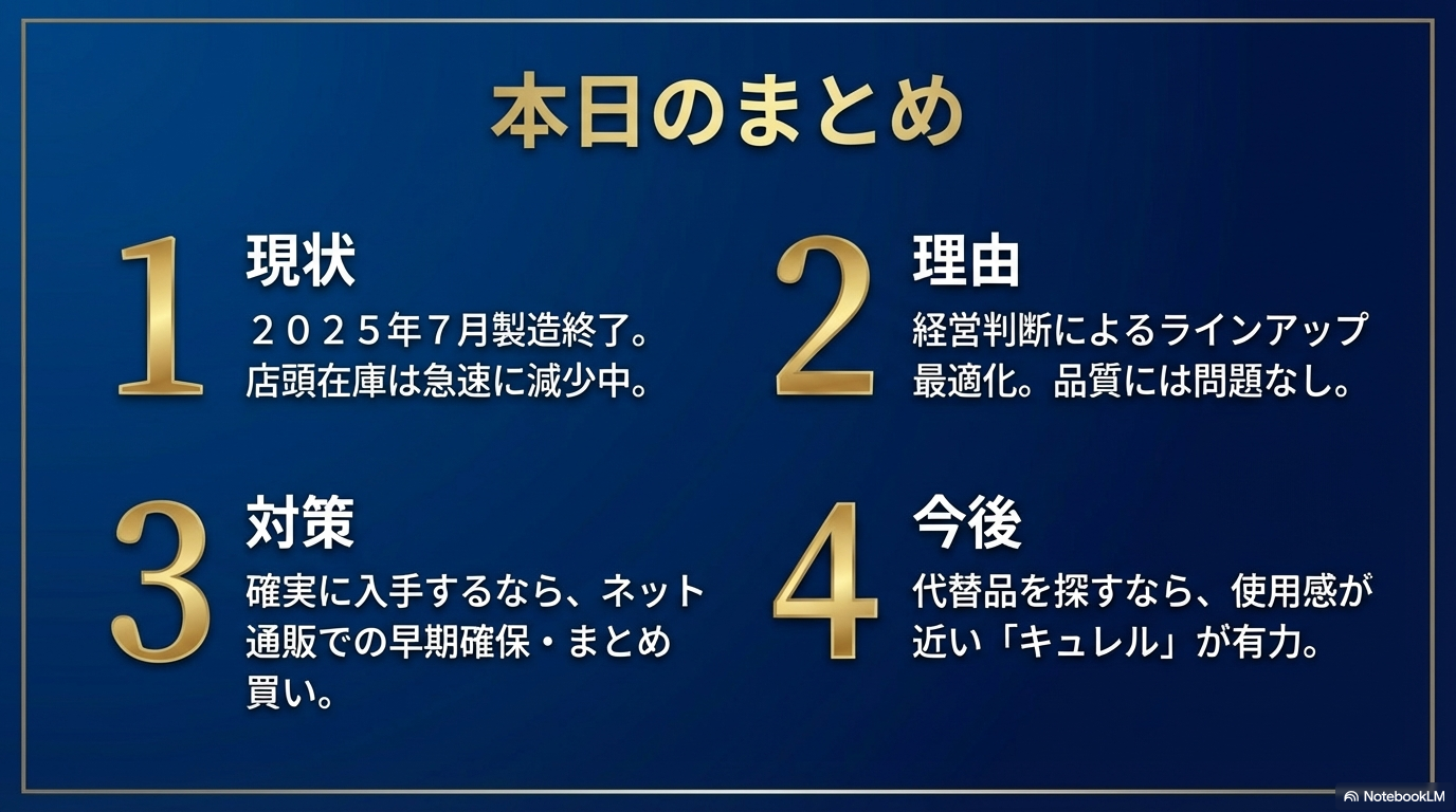 廃盤の理由から在庫確保の対策、今後の代替品候補まで、本記事の重要ポイントを4つに整理したまとめ画像です。