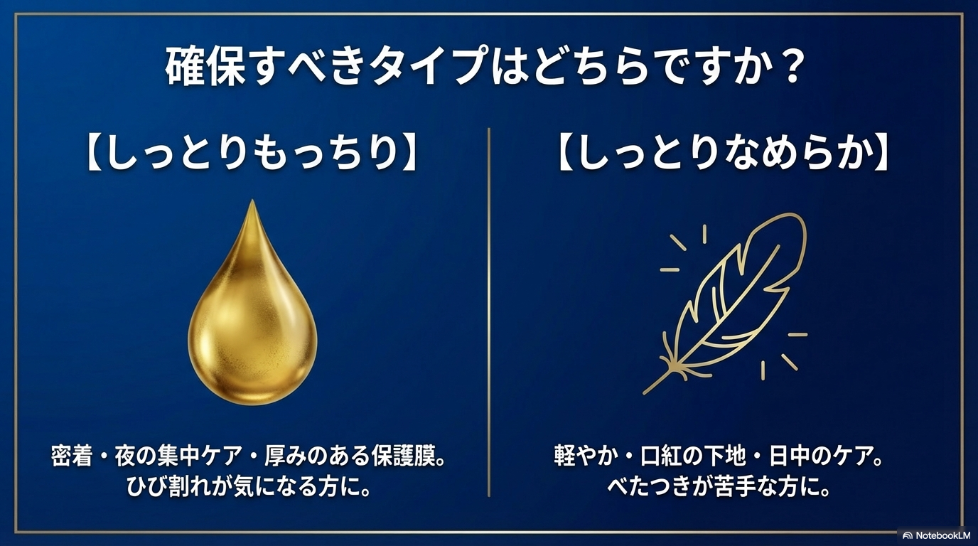夜の集中ケアに向いているしっとりもっちりタイプと、日中のケアに向いているしっとりなめらかタイプの特徴と選び方の違いです。