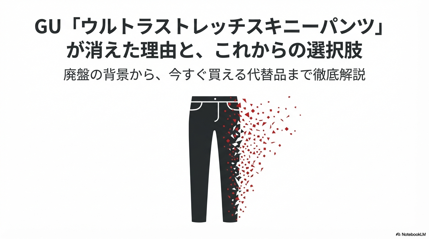 GUウルトラストレッチスキニーパンツが消えた理由と、これからの選択肢について徹底解説したスライドの表紙画像です。