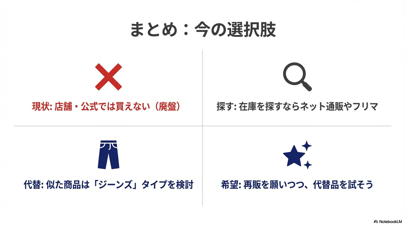 店舗や公式では買えない現状と、ネット通販での在庫探しや代替品の検討など、今できる選択肢をリストアップしたまとめスライドです。