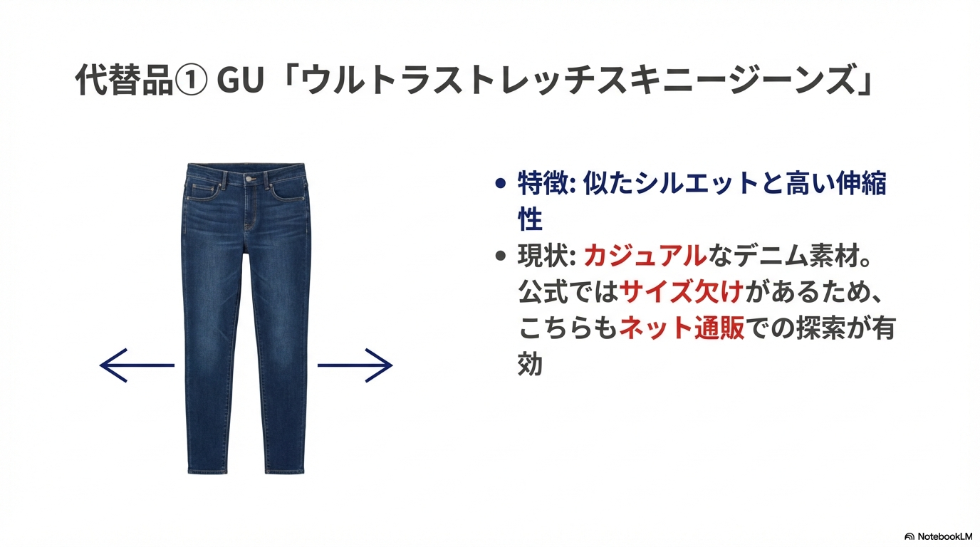 廃盤になったパンツの代替品としてGUのウルトラストレッチスキニージーンズを紹介し、似たシルエットと高い伸縮性が特徴であることを示したスライドです。