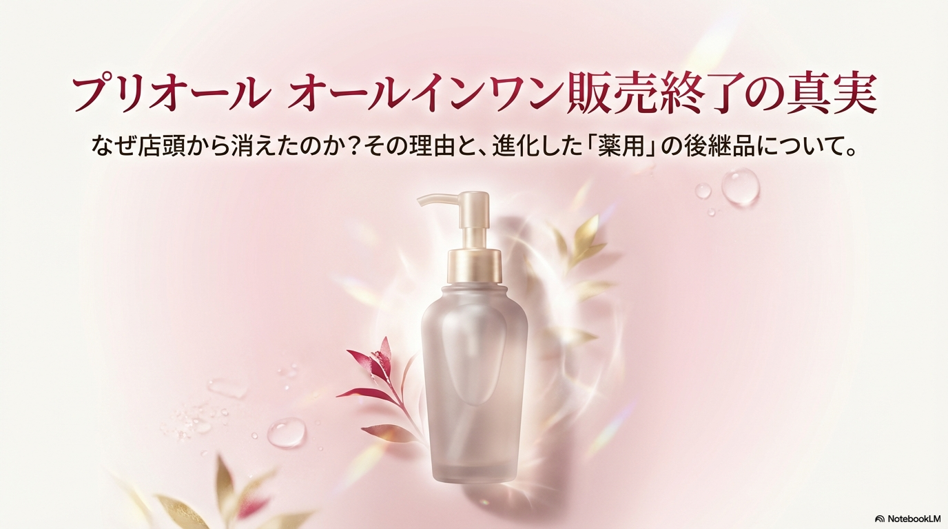 プリオールオールインワンがなぜ店頭から消えたのかという販売終了の真実と、新しく進化した後継品について解説しているスライドの表紙画像です。