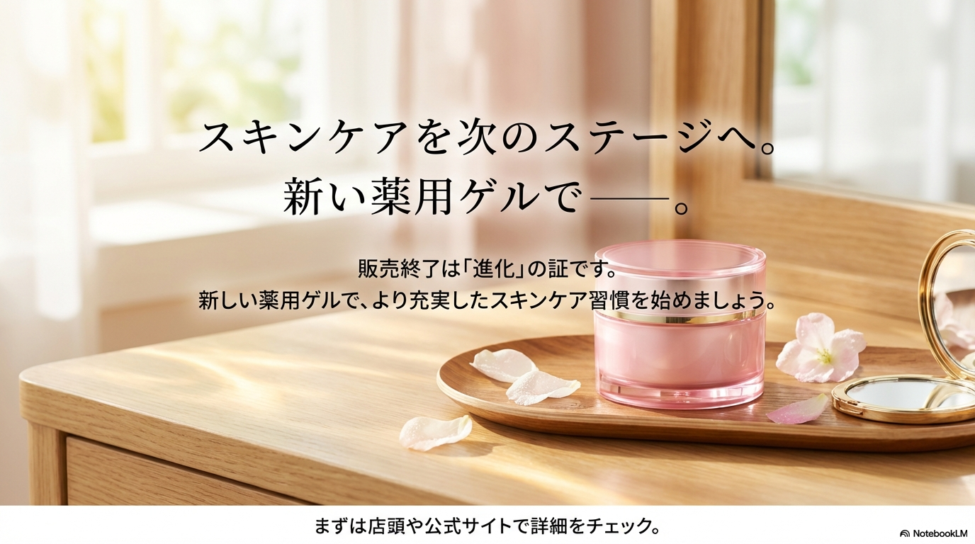 販売終了は進化の証であり、新しい薬用ゲルでより充実したスキンケア習慣を始めることを提案しているまとめのスライドです。