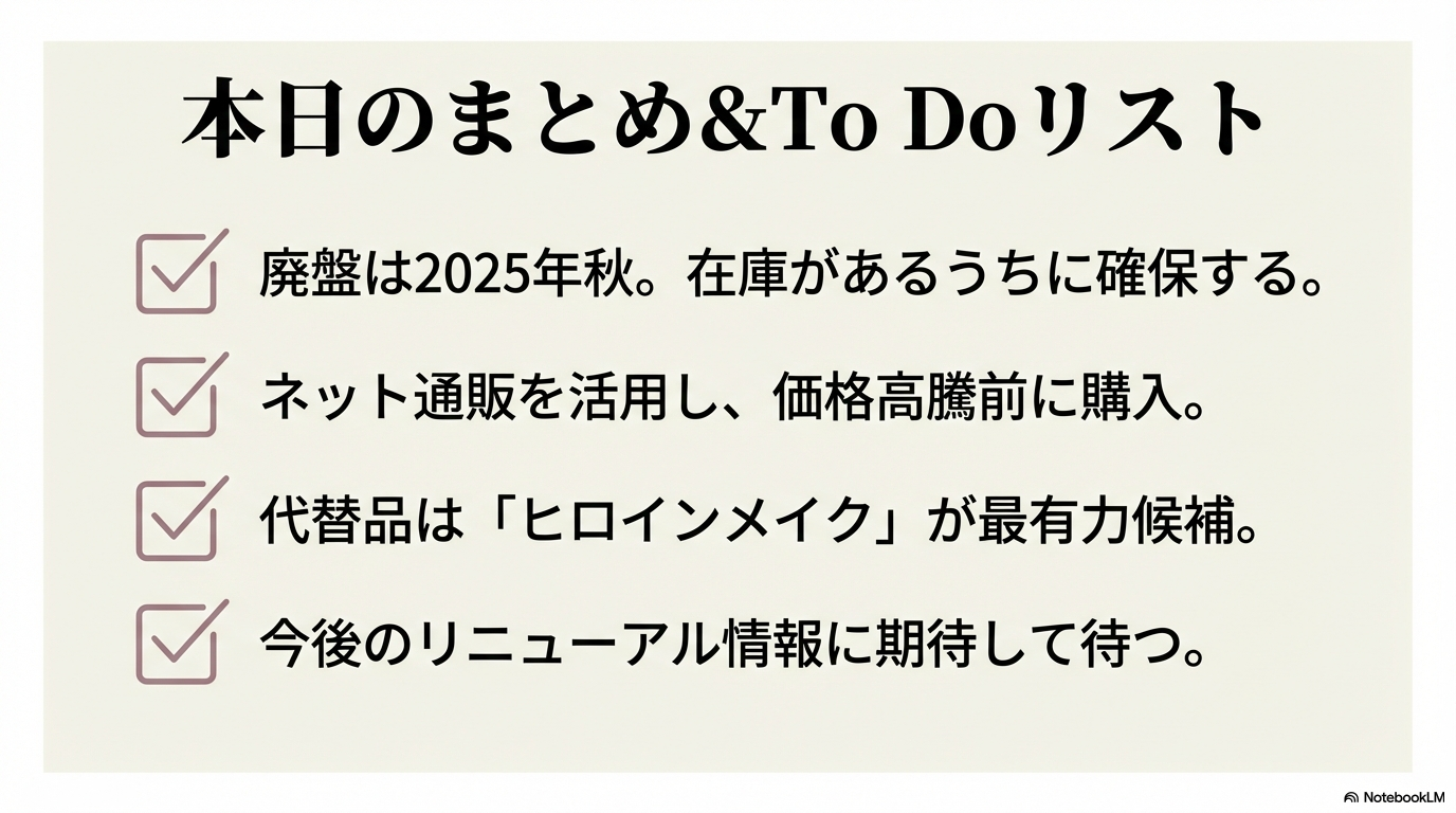 オフするんマスカラ廃盤対策のまとめとToDoリスト 2025年秋までに在庫を確保することや代替品の検討など、愛用者が今すぐやるべき行動をチェックリスト形式でまとめています。