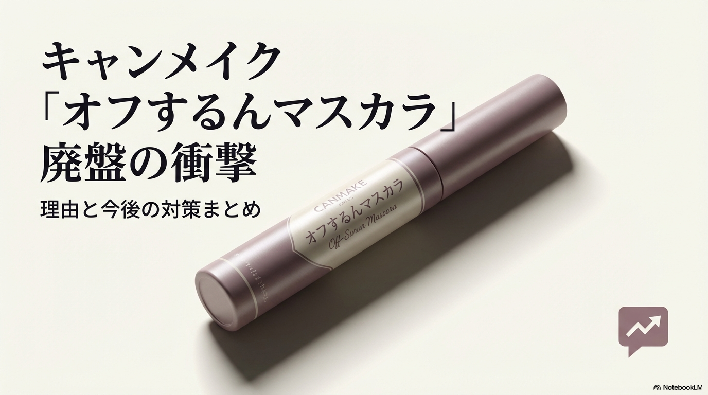 キャンメイクの人気マスカラ「オフするんマスカラ」が廃盤になることを受け、その理由や愛用者が取るべき今後の対策をまとめたスライド資料の表紙です。