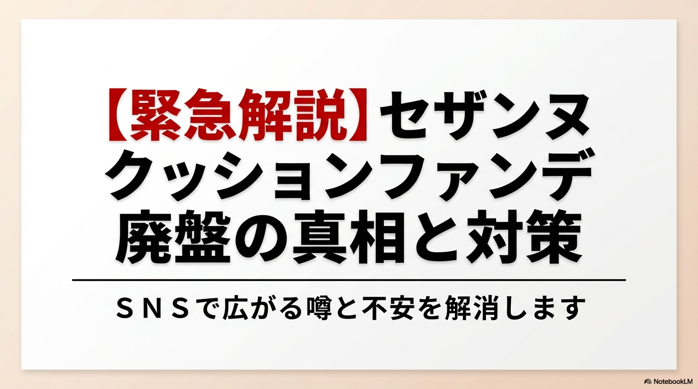 セザンヌのクッションファンデーション廃盤に関する真相と対策を解説したスライドの表紙画像です。