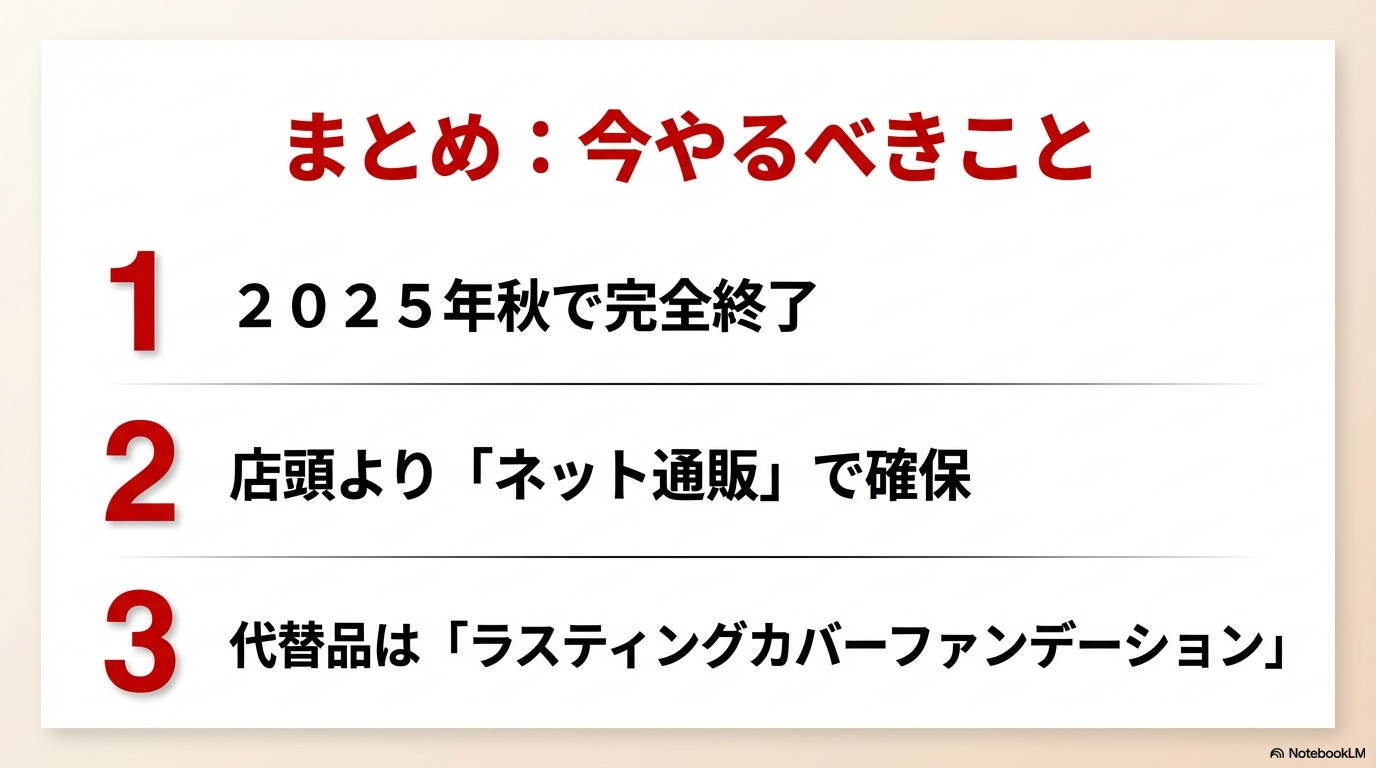 廃盤に伴う対策まとめ3選 2025年秋での完全終了に備え、店頭よりネット通販で在庫を確保しつつ代替品を検討するという今やるべき3つの行動をまとめた図です。