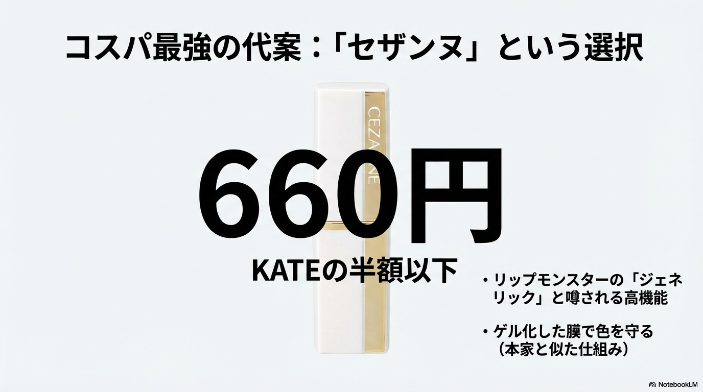 KATEの半額以下である660円で購入でき、ジェネリックと噂されるセザンヌの高機能リップ「リップカラーシールド」を紹介するスライド。
