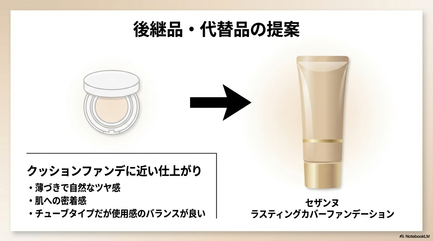 クッションファンデに近い仕上がりの代替品 クッションファンデに近い薄づきで自然なツヤ感が出せる代替品として、セザンヌのラスティングカバーファンデーションを提案している資料です。