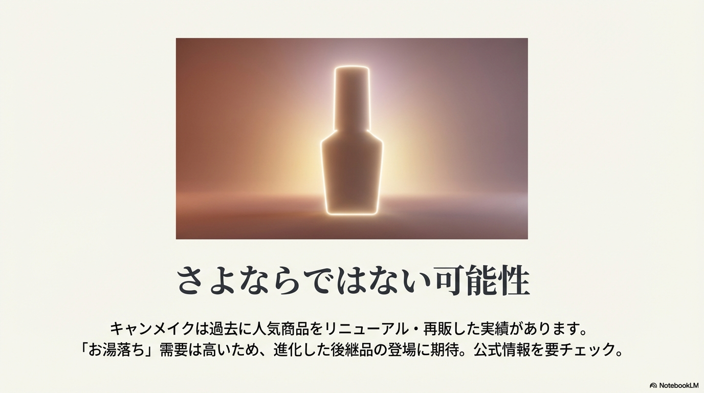 進化した後継品やリニューアルへの期待 キャンメイクには過去に人気商品を再販した実績があることから、お湯落ち需要に応えた新しい後継品が登場する可能性を示唆しています。